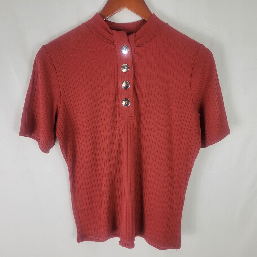 Poof Shirt‎ Womens Large Auburn Ribbed Top 1/2 Sleeve Crew Neck Cotton Blend